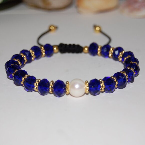 Pearl Bracelet,Fresh Water Pearl,Crystal Glass Beads,Drawstring,Blue Bracelet - Picture 3 of 3